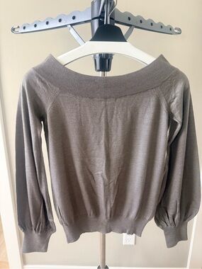 Cruciani Taupe Off-the-Shoulder Knit Sweater with puff sleeves